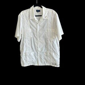 Men’s Vintage White Guayabera Shirt Embroidered Cigar Detail Size XL